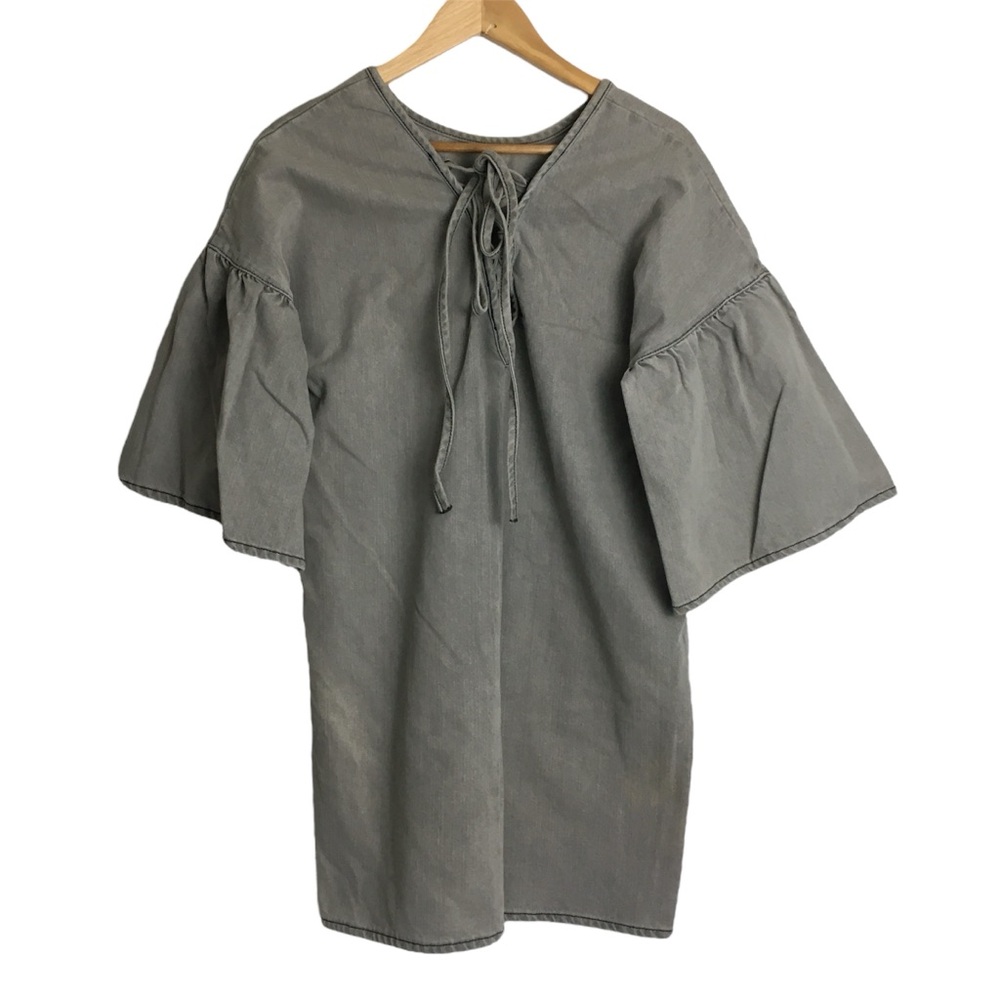 Asos Grey Denim Tie Back Smock Dress Bell Sleeve 6
